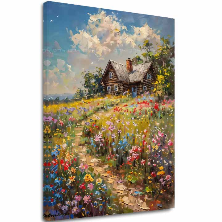 Slika na platnu Kućica u polju cvijeća | Akrilni detalji 80x120 cm